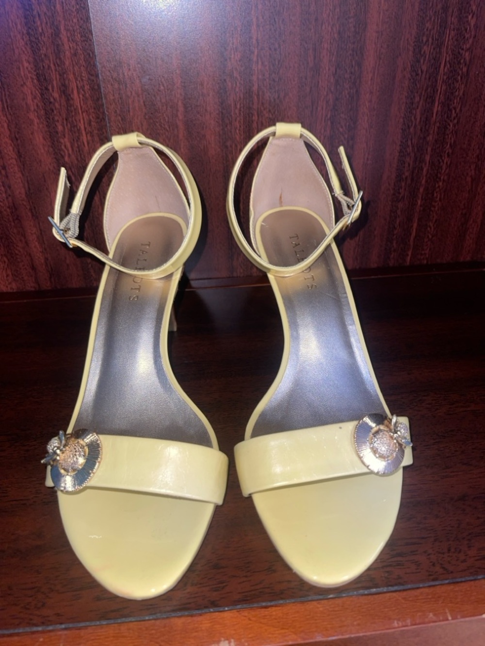 Talbots Lemon Yellow Ankle-Strap Heels with Gold Floral Accent